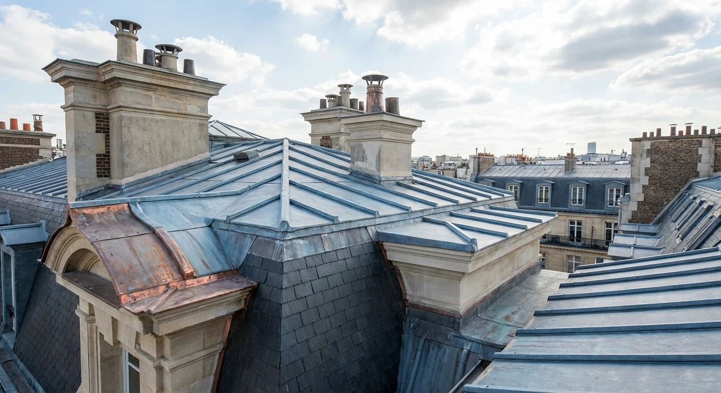 Extérieur, vue en contre-plongée d'une toiture pyramidale en ardoises avec charpente apparente et girouette décorative au sommet